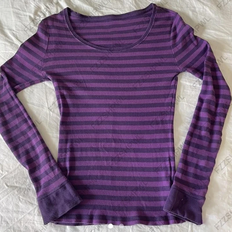 Nuevas camisetas ajustadas de manga larga a rayas lisas, camiseta informal de algodón con cuello redondo para mujer, partes superiores nuevas, ropa, camiseta Vintage bonita y dulce Y2K
