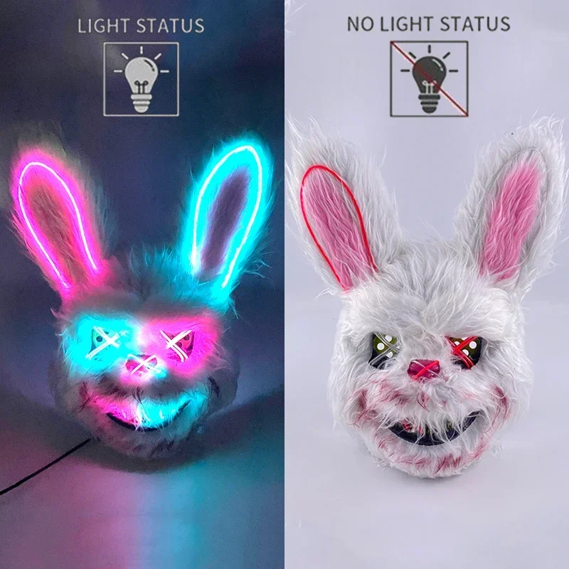 LED Glowing Cosplay Bloody Rabbit Mask Halloween Scary Killer Bunny Headgear Carnival Masquerade Dance Horror Costume Props