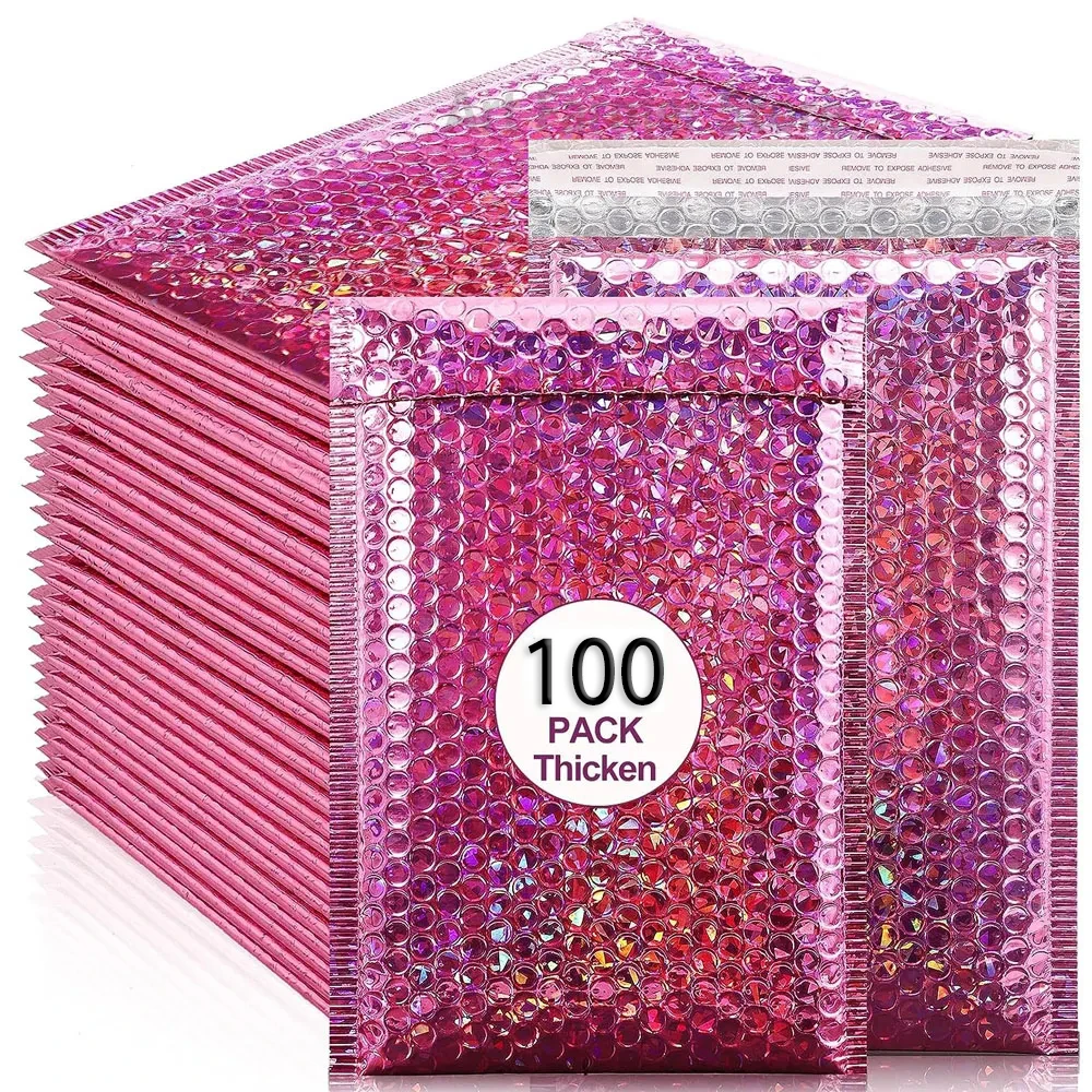 100 Pcs Holographic Bubble Mailer Laser Pink Mailing Envelope Waterproof Courier Bag Padded Bubble Envelopes Shipping Packaging