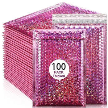 100pcs holographic bubble mailer laser pink mailing envelope waterproof courier bag padded bubble envelopes shipping packaging