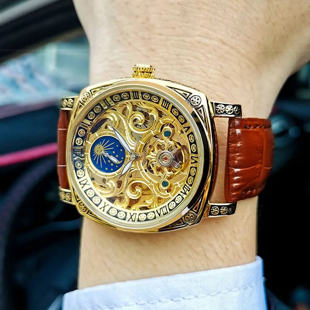 Retro Square Carved Mechanical Watches Moon Phase Tourbillon  Gold Automatic Watch for Men Casual Genuine Leather Belt AOKULASIC