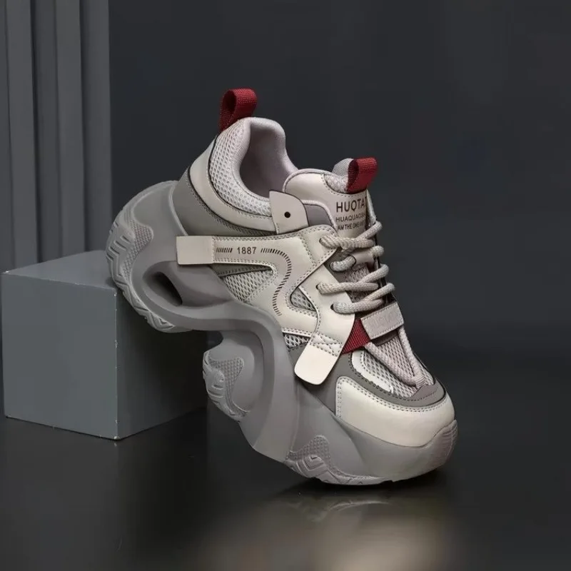 Neue, farbenfrohe, klobige Plateau-Sneaker für Damen, mit Schnürung, aus Mesh-Material, weich und bequem, im „Dad Shoe“-Stil, mit erhöhter Sohle, ideal für Frühling und Herbst. – Detail 4