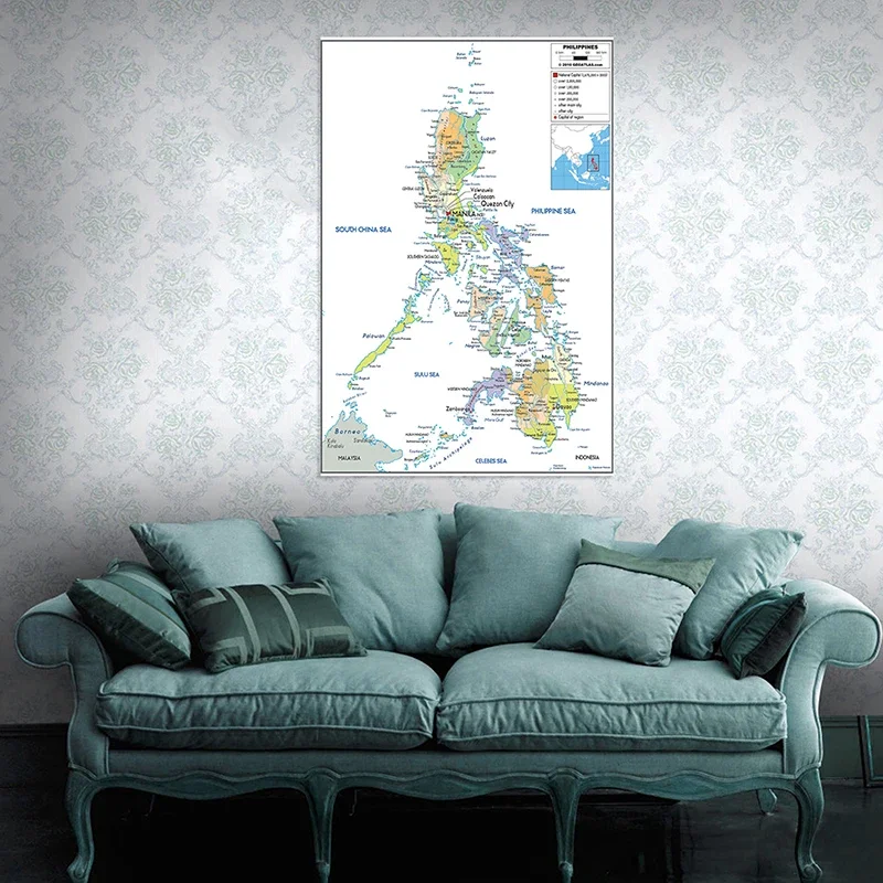 Mapa de Filipinas en inglés, póster de arte de pared, impresión, decoración del hogar, suministros escolares, 100x150cm