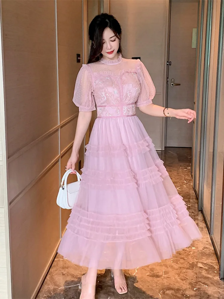 High-End Ladies Pink Long Dress Women's Luxury French Dopamine Mesh Cinched Slimming Dress Fashion Commuter Dresses Women 2024