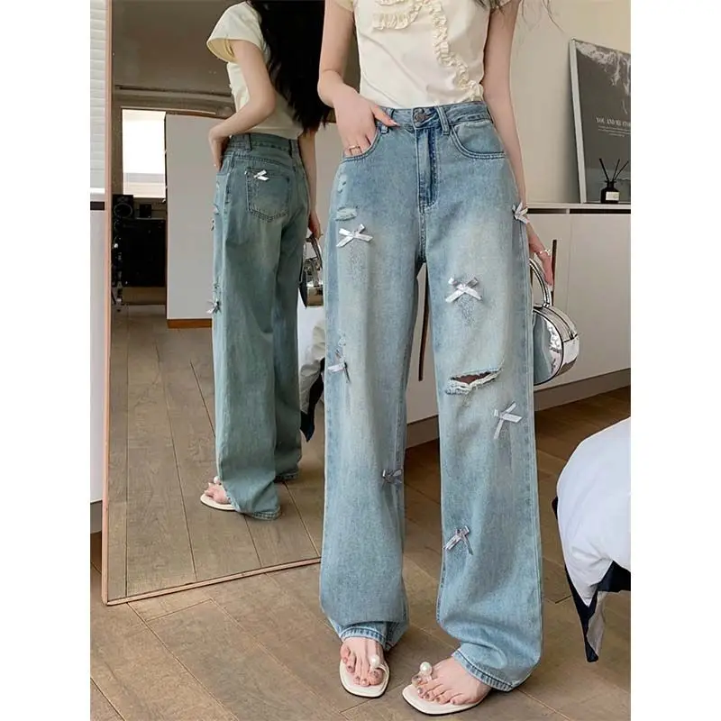 Ribbon Bow Ripped Hole Straight Leg Slim Long Jeans Women Denim Pant Plus Size 4XL boyfriend casual 2024 korean cloth y2k 2000s