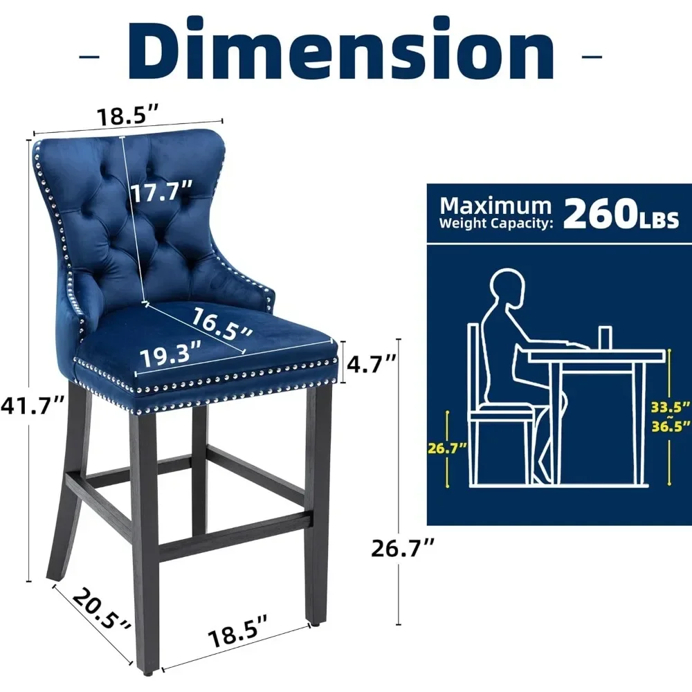 Taburete de Bar aterciopelado de 26 pulgadas, asiento de altura de mostrador, Taburetes de Bar, botón de respaldo copetudo, silla de Bar, Juego de 2