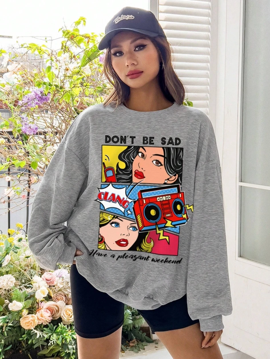 Cartoon Beauty Printing Sweatshirts For Womens Casual Comfortable Crewneck Hoodies Loose Fleece Warm Sportswear Clothes