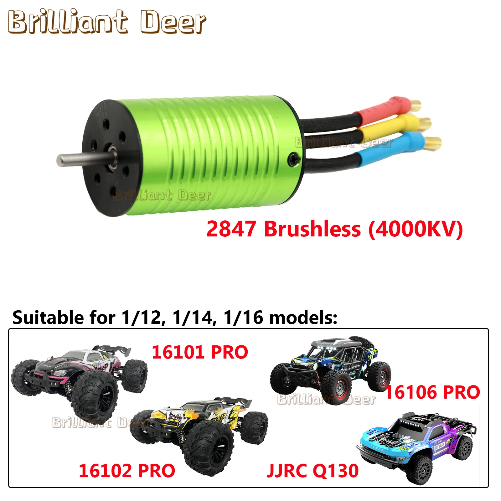 

2847 4000KV Brushless Motor for 1/12 1/14 1/16 RC Cars - Upgrade Parts Fit JJRC Q130 SCY 16101 Pro 16102 Pro 16106 Pro Truck