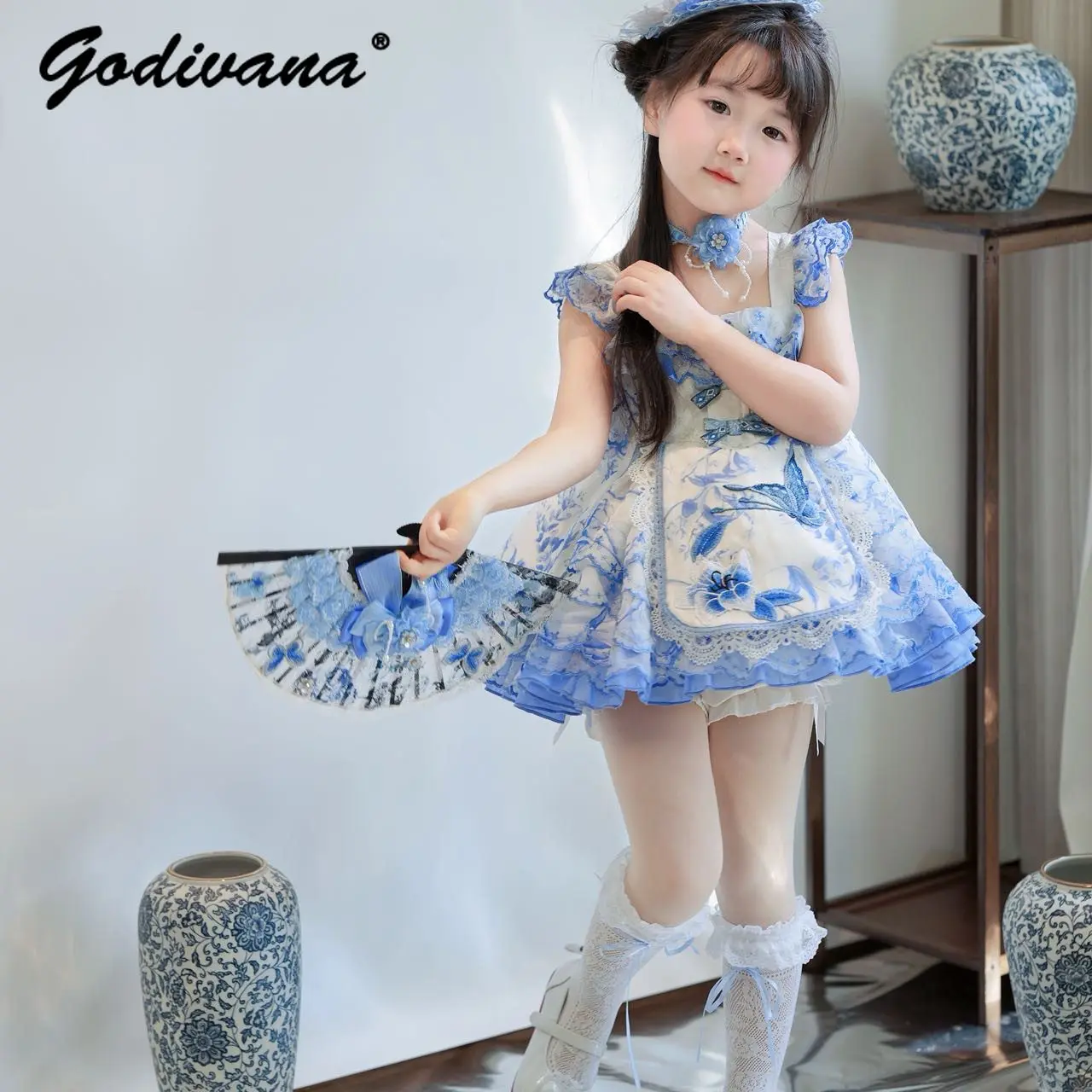 Original Sweet Baby Girls Chinese Lolita Princess Dress New 2026 Summer Kids Classic Traditional Print Tulle Lace Bow Ball Gown
