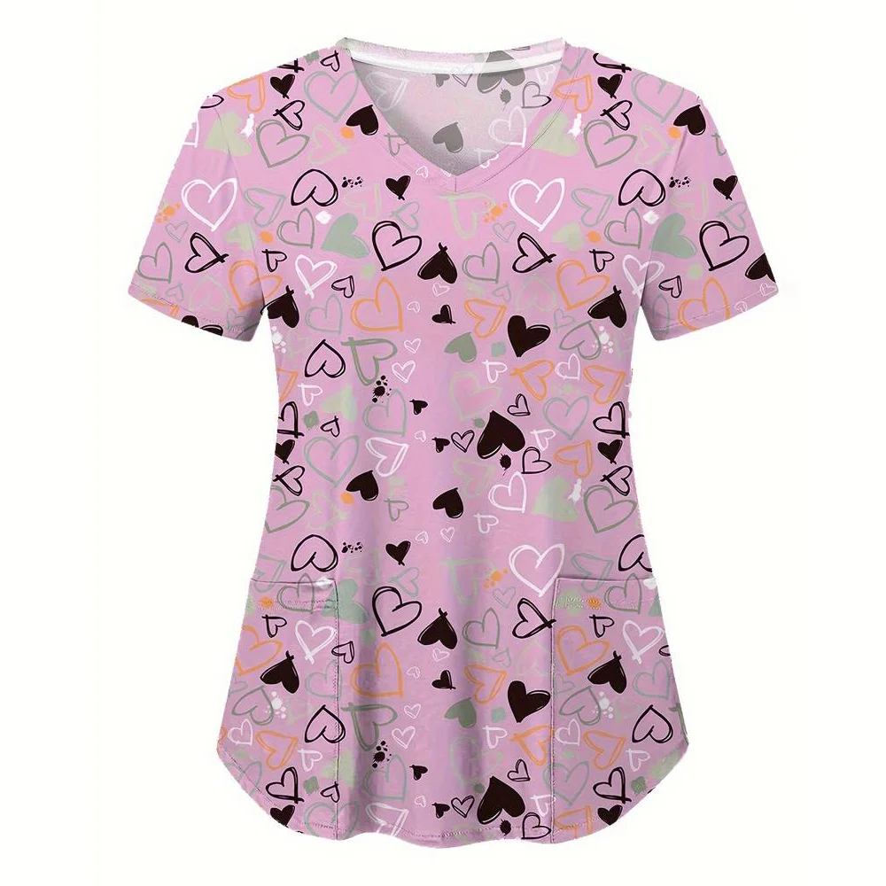 

Clinical Uniform Woman Elegant Heart Print Health Care Scrub Uniform Trends V-Neck Short Sleeve Dental Nursing Uniform for Women