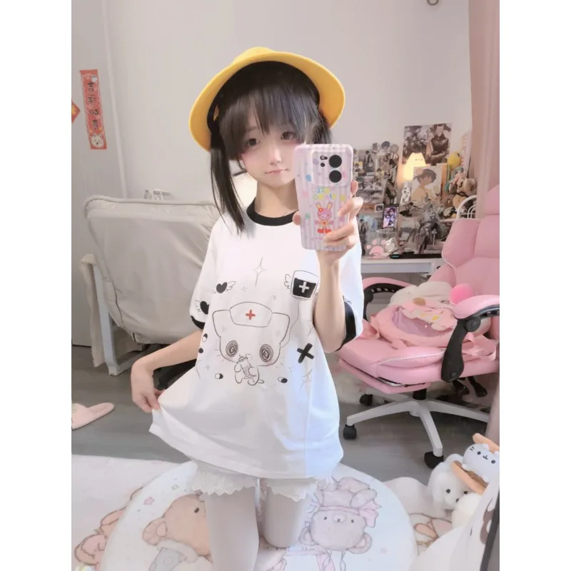 Y2K women clothing Short Sleeve stitch T Shirts Kawaii Japanese Harajuku Subculture Tops Loose Cute Casual Anime 2024 Women Tees