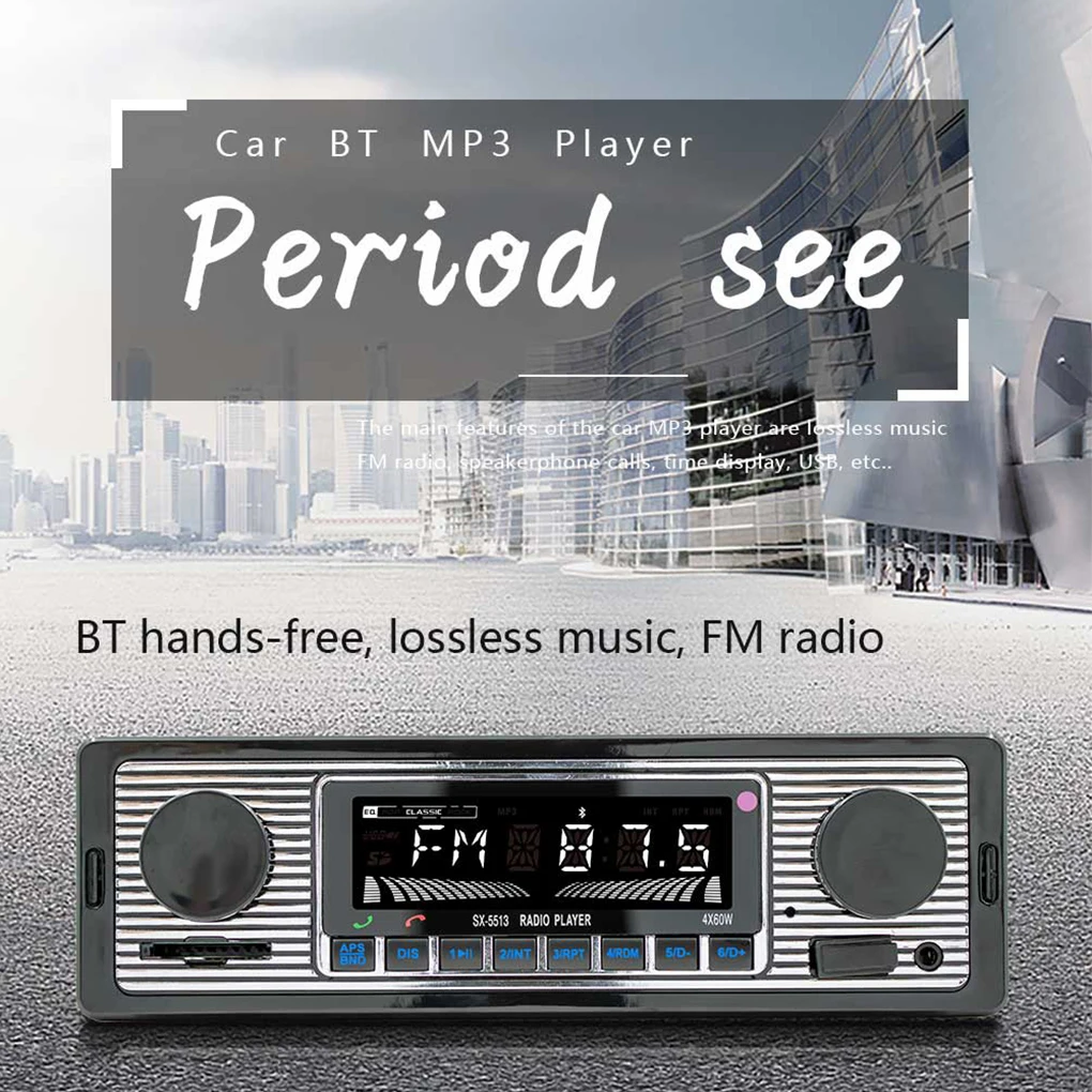 자동차 레트로 오디오 리시버, 12V 1 DIN 스테레오 FM 블루투스 MP3 오디오 플레이어, 핸드폰 핸즈프리 디지털 USB SD, 대시 보조 입력 포함