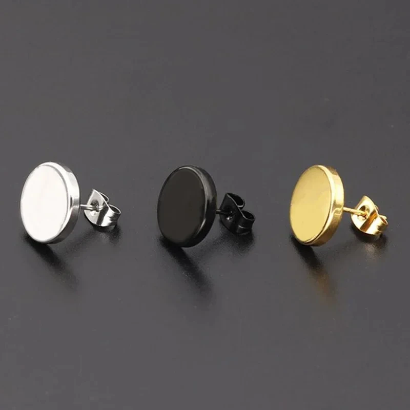 1 Pair Stainless Steel Ear Studs Earrings Black Silver Color Round Shaped Clasp Push Back Earrings for Women Men Jewelry Gift