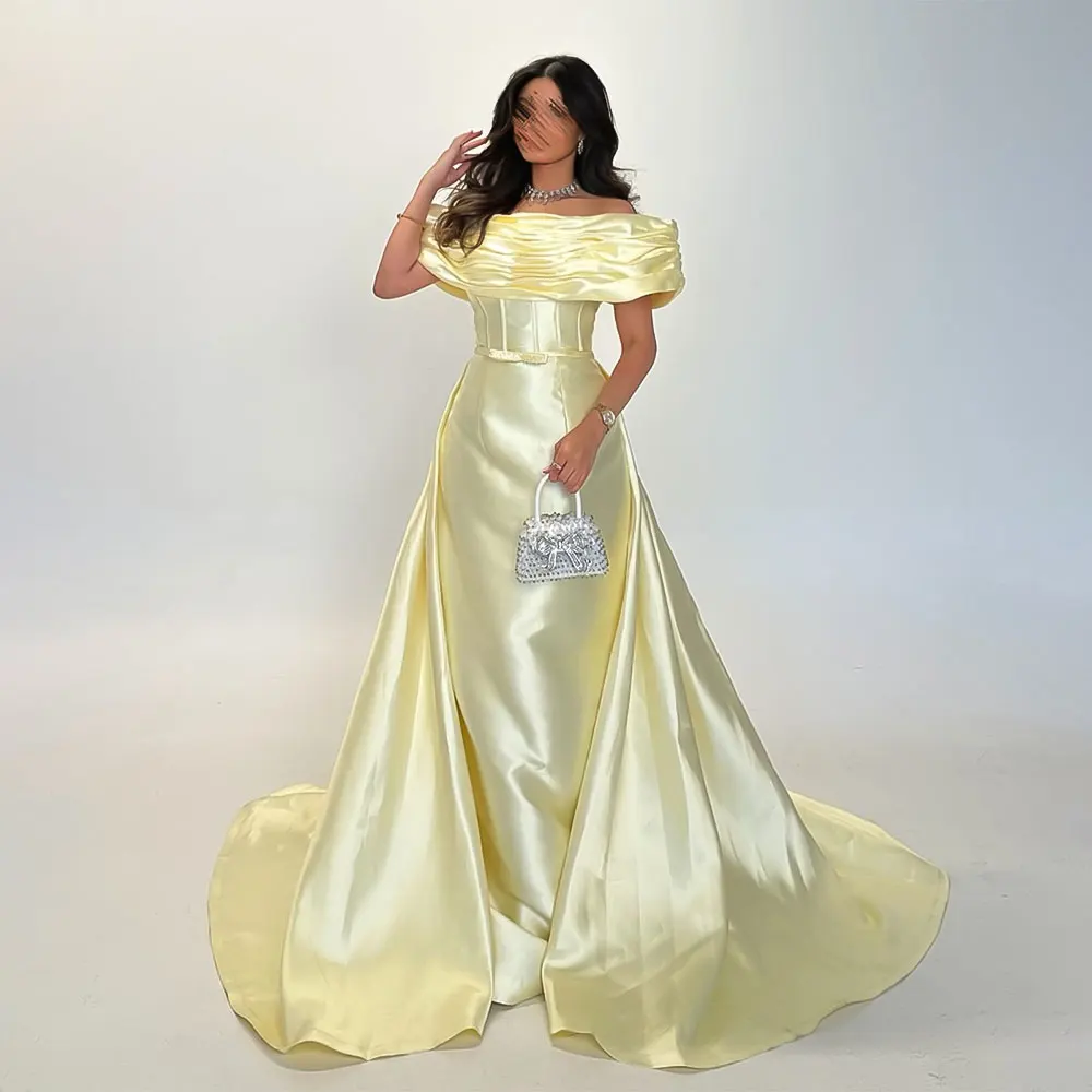 

Modern Off Shoulder Women Prom Dresses with Train Floor Length Saudi Arabia Special Occasion Evening Party Gowns Customized