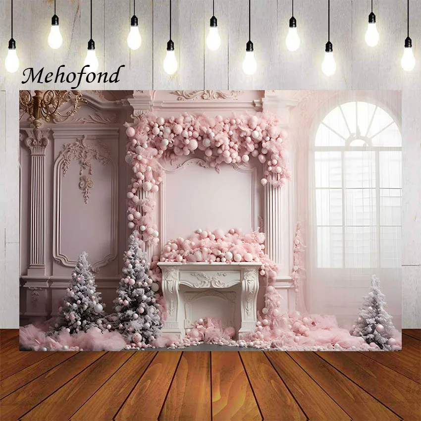 Mehofond Photography Background Pink Christmas Winter Fireplace Window Xmas Tree Kid Family Portrait Decor Backdrop Photo Studio