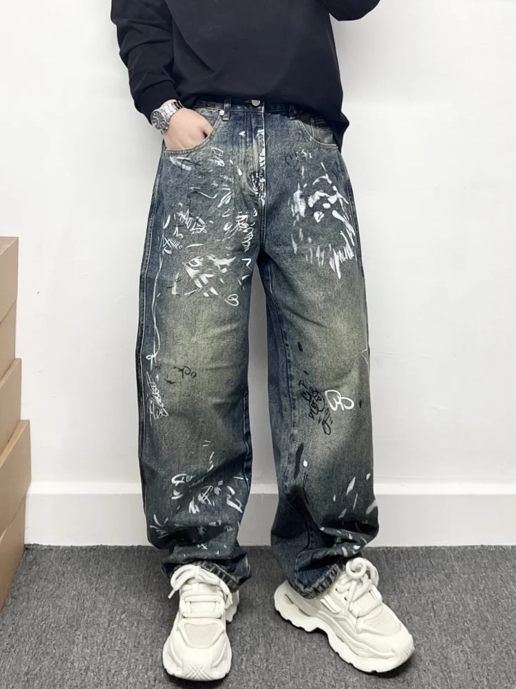 

Американские винтажные джинсы прямого кроя для мужчин, модные свободные широкие брюки, молодежные повседневные хлопковые джинсы