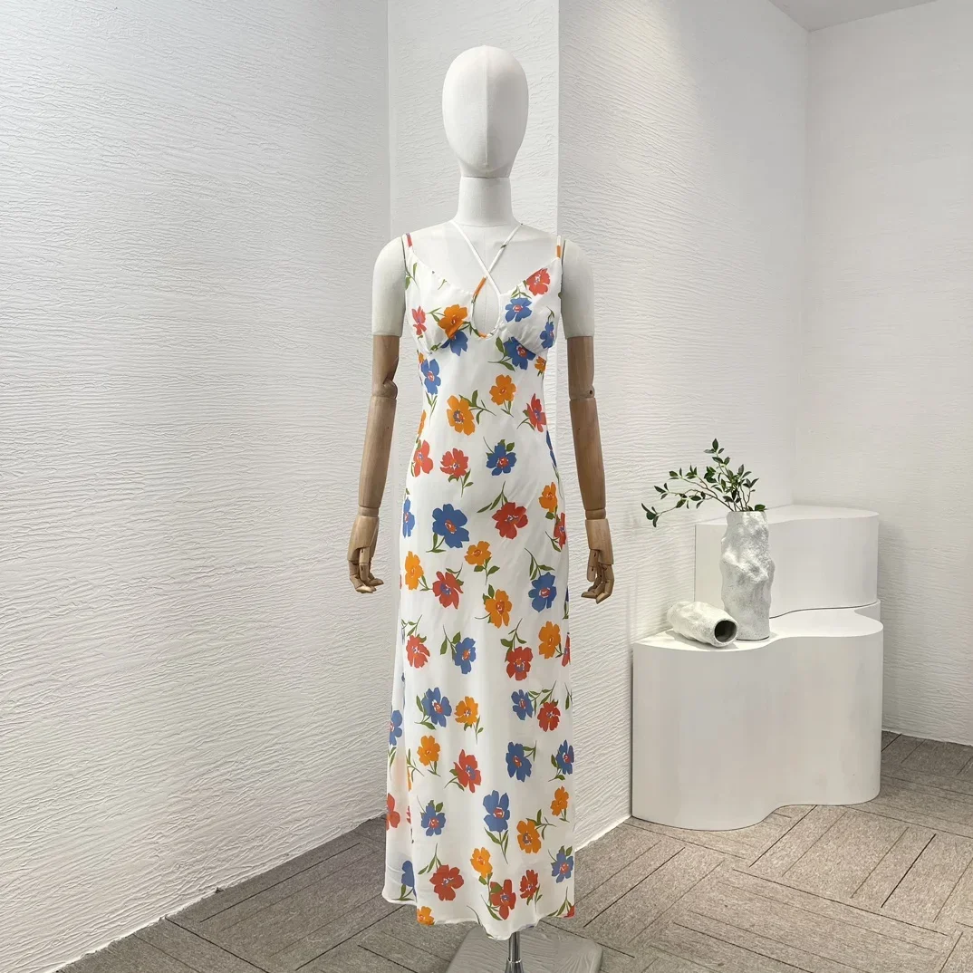 

2024 New White Backless Flowers Print Sleeveless Self Cross Tie Midi Dress