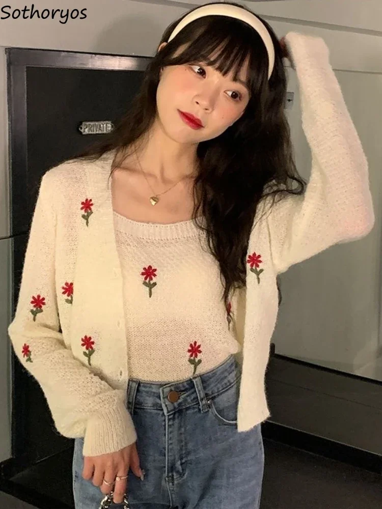 

Cardigan Sets Women Sweet Design Embroidery Tanks Simple Spring Floral Ladies Ins Tender Korean Style Sun-proof Knitwear Cropped