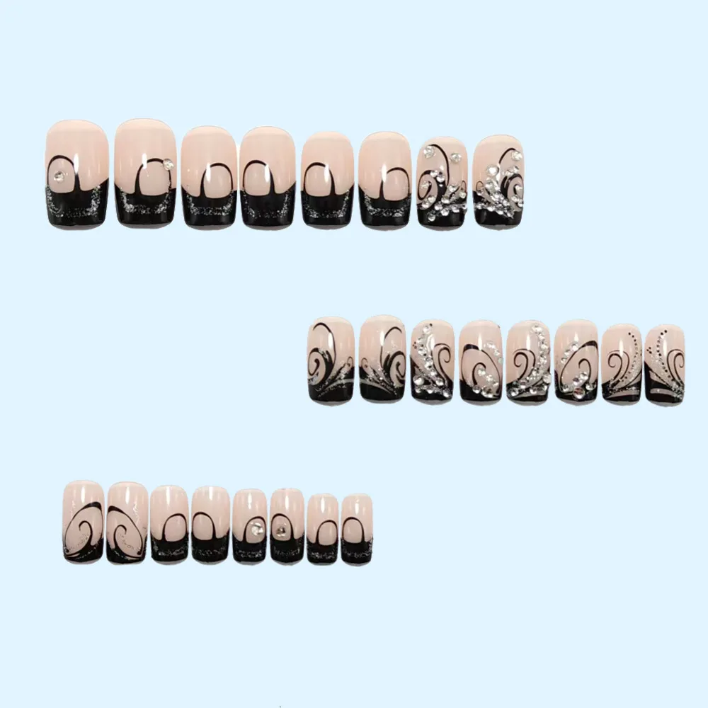 24 Stück dunkle künstliche Nägel, funkelnder Diamant, zum Aufdrücken der Nägel, matt, glitzernd, Sargform, Nagelkunst, tragbar, künstliche Nägel für Frauen, Geschenk