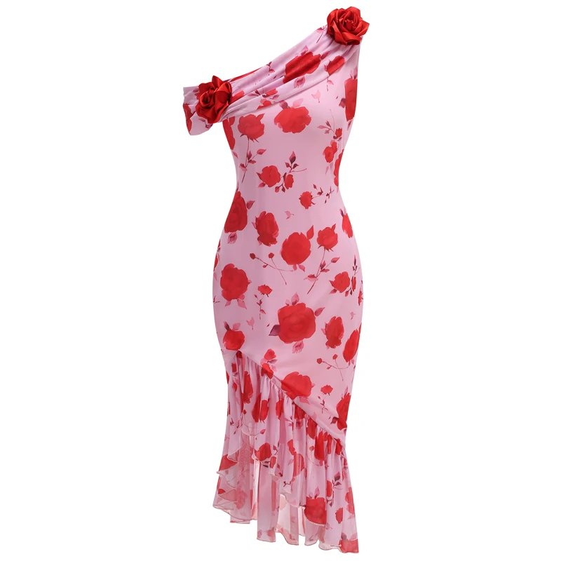 

New mesh printed sexy slanted shoulder flower dress, women's design temperament sweet and romantic rose party dress