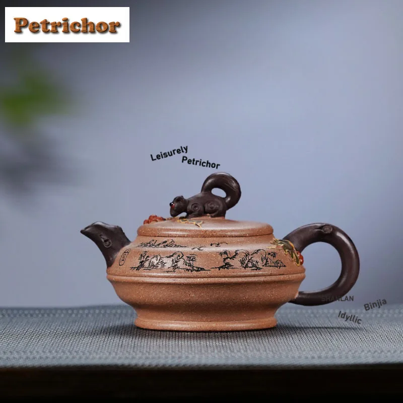 Tetera de arcilla púrpura Yixing hecha a mano de 140ml, tetera de uva de ardilla hecha a mano, sección de mineral crudo, tetera de barro con colador, juego de té Zisha