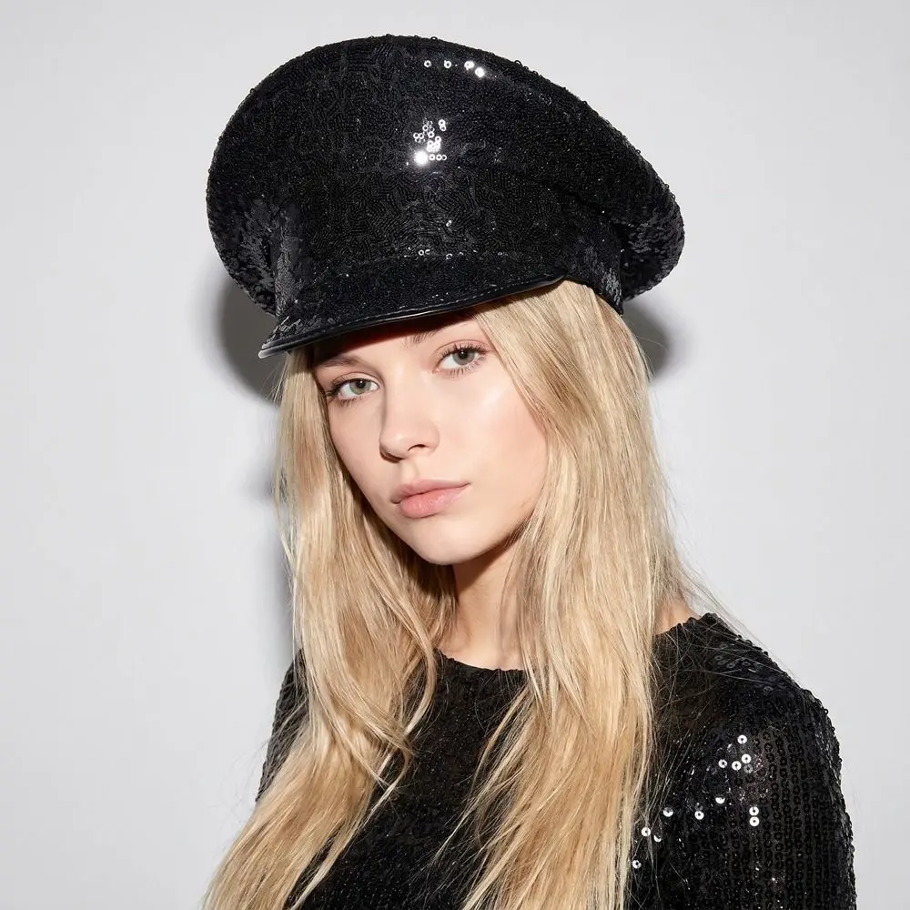Dance Props PU Leather Sequin Flat Top Hat Shiny Sergeant Style Hats Waterproof Y2k Baseball Cap Prom Performance Bar