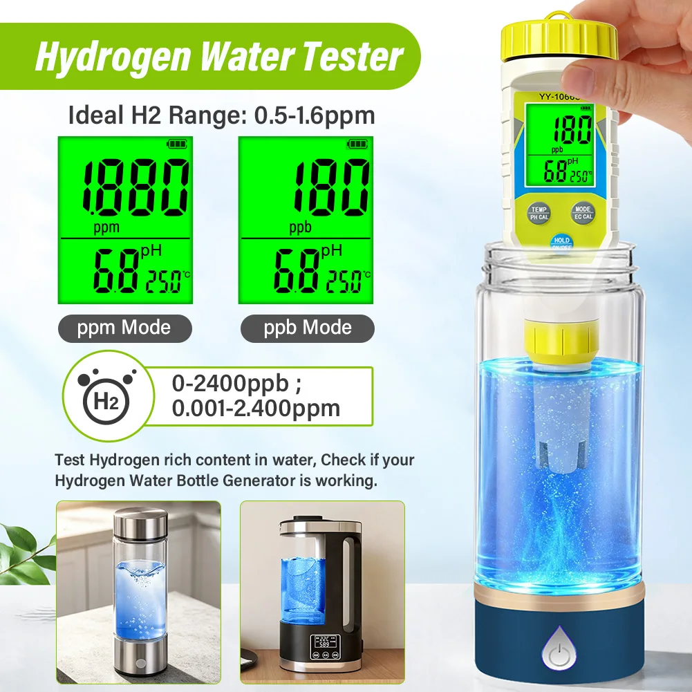 7 in 1 pH Meter EC TDS ORP H2 Salinity Temp Water Quality Tester Rechargeable Digital Monitor for Swimming Pool Aquarium