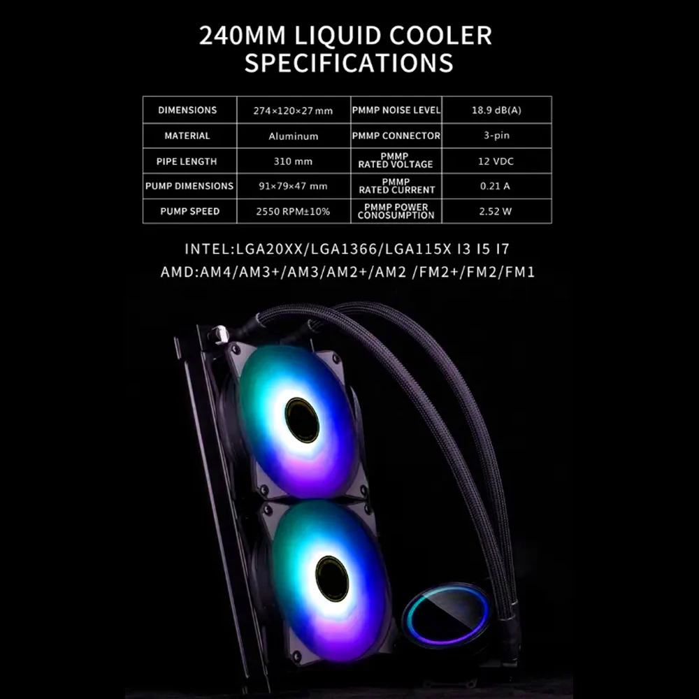 Benutzerdefinierte Größe ARGB SYNC Aio Liquid Cpu Cooler PWM Gaming-Computergehäuselüfter mit Beleuchtungskühlkopf