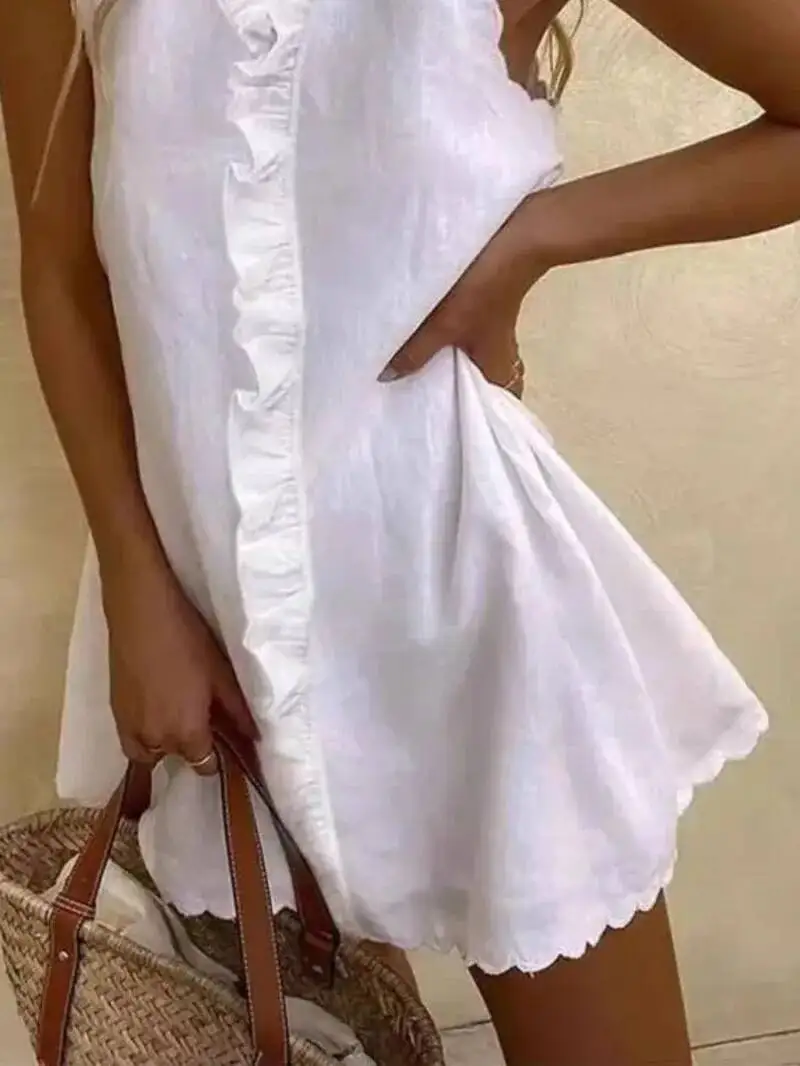 여성 캐주얼 코튼 린넨 화이트 드레스 여름 브이넥 프릴 민소매 우아한 보헤미안 비치 파티 미니 드레스 여성 로브 9HLP