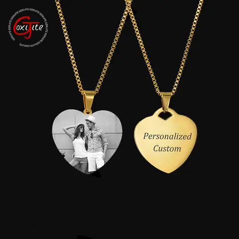 Goxijite 개인화 된 레이저 새겨진 이름 사진 연인을위한 날짜 가족 스테인레스 스틸 하트 목걸이 독특한 사용자 정의 쥬얼리