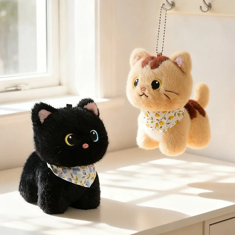 22/32cm Standing Cat With Bib Plush Doll 13cm Cute Kitten Pendant Key Chain Calico Ragdoll Cat Stuffed Plushie For Desk Decor