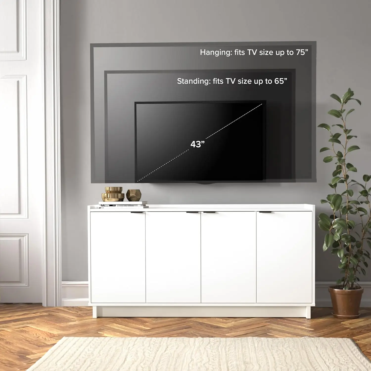 단순하게 현대적인 4 콘솔 테이블, 화이트 도어 및 선반, 사이드 보드 보관 캐비닛, 60 "" W X 30 "H X 16" D