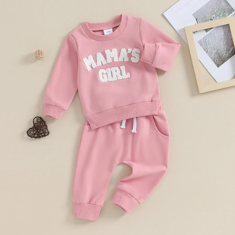 Toddler Girls Autumn Pants Sets Long Sleeve Letter Embroidery Sweatshirt Solid Color Pants Sets