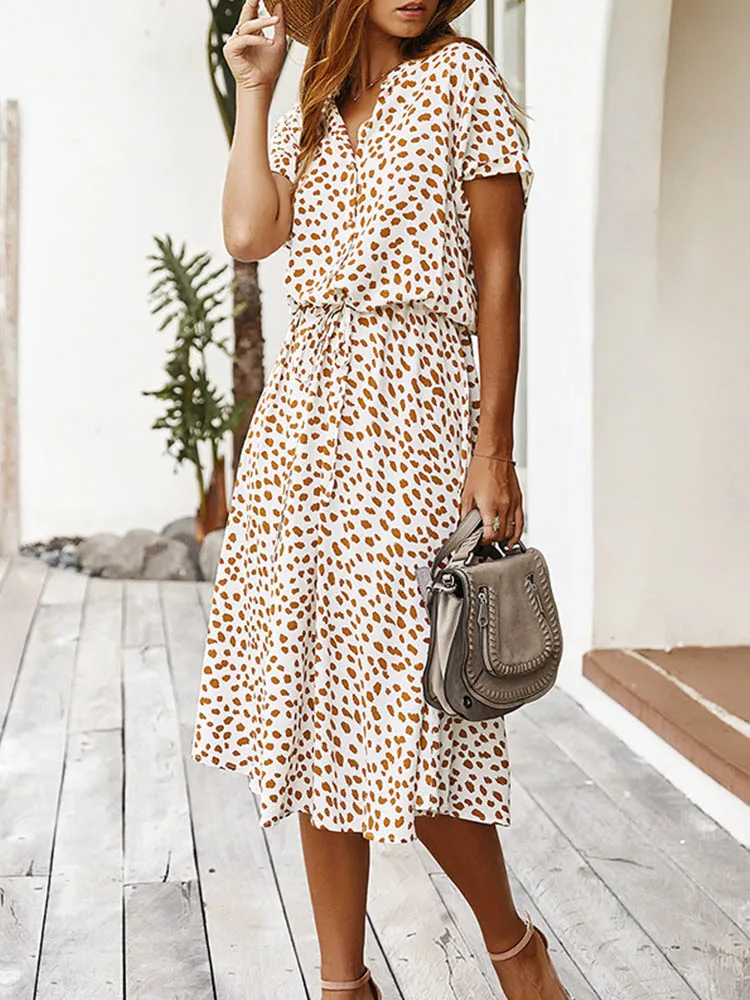 Dots Print White Summer Dress Women 2022 New Short Sleeve Tunic Vintage Midi Dress Casual Holiday Boho Beach Dress Vestidos