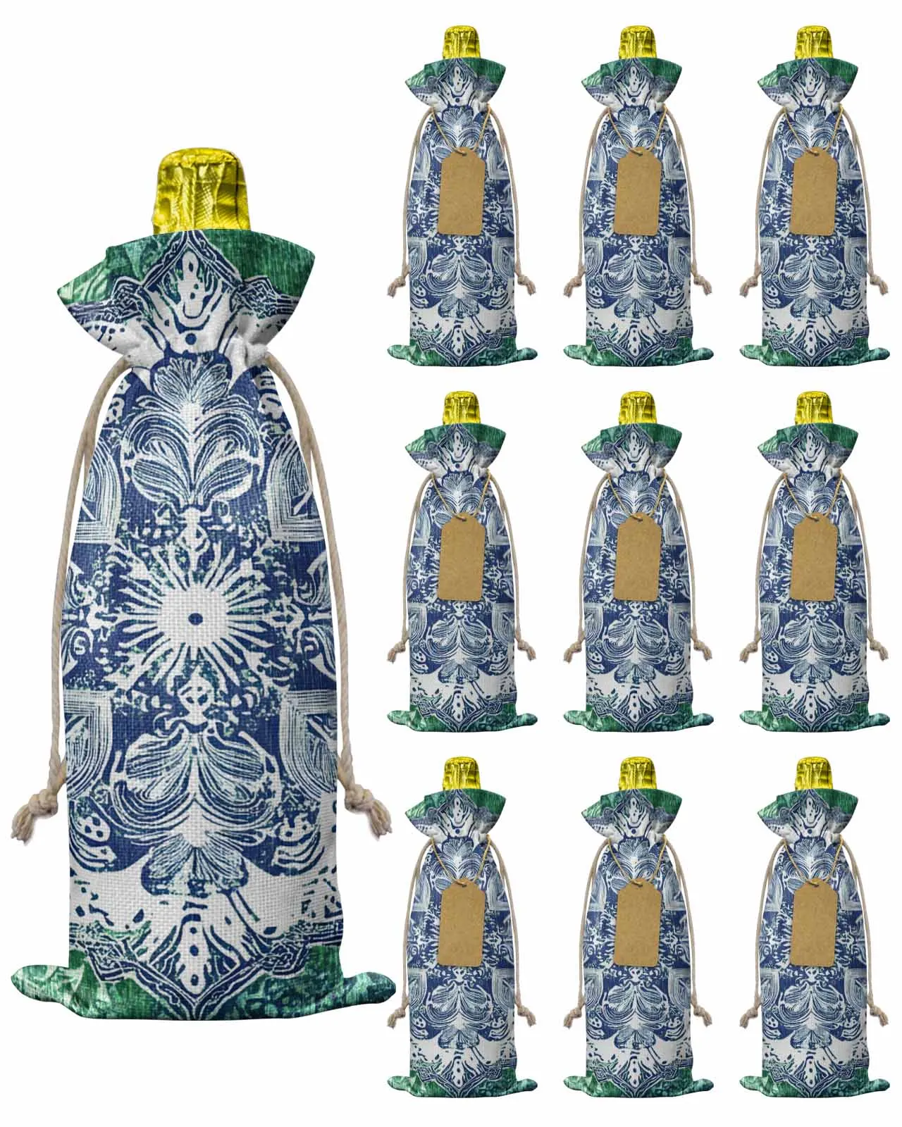 

10pcs Wine Bottle Covers Green Retro Flowers Wine Holder Carrier Packaging Bag Wedding Party Decor Gift
