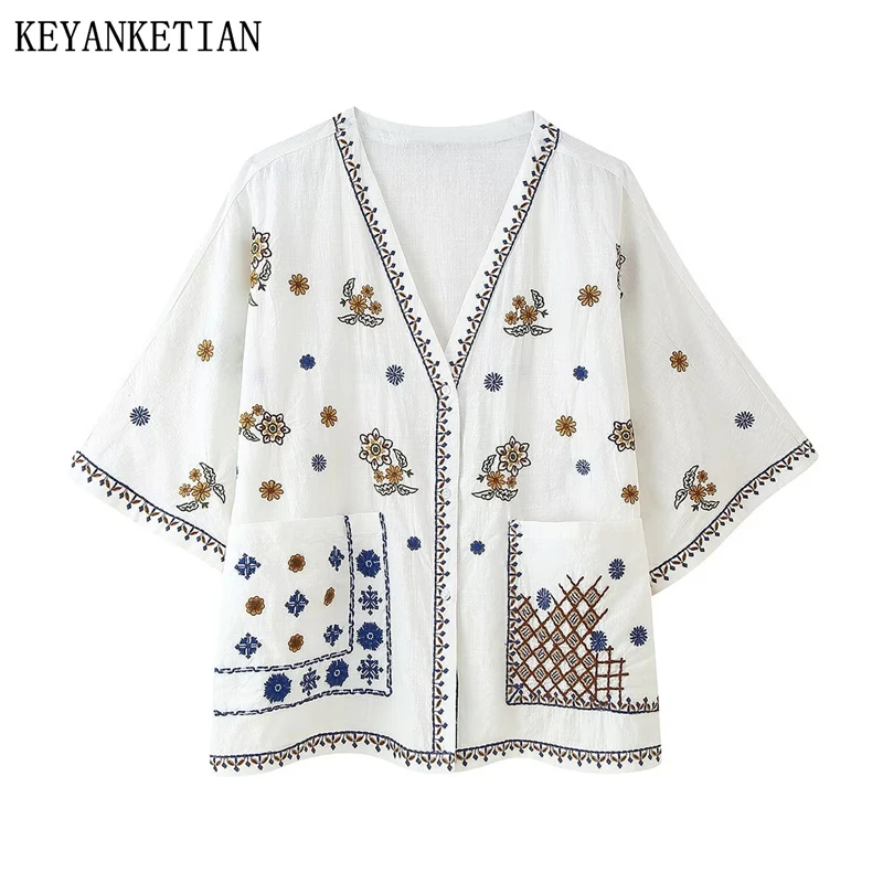 

KEYANKETIAN Summer New Women's V-neck Short Sleeve Double Pocket Loose Embroidered Shirt Women's Embroidered Shirt