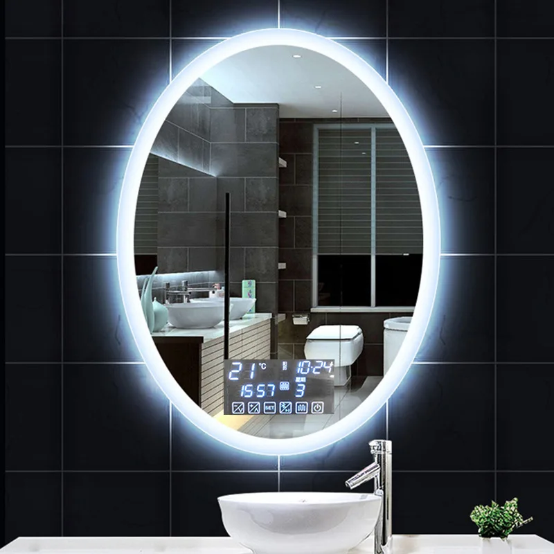 Multi Function Backlit Wall Mounted Oval Shape LED Touch Button Lighted Bathroom Slivered Fogless Makeup Mirror