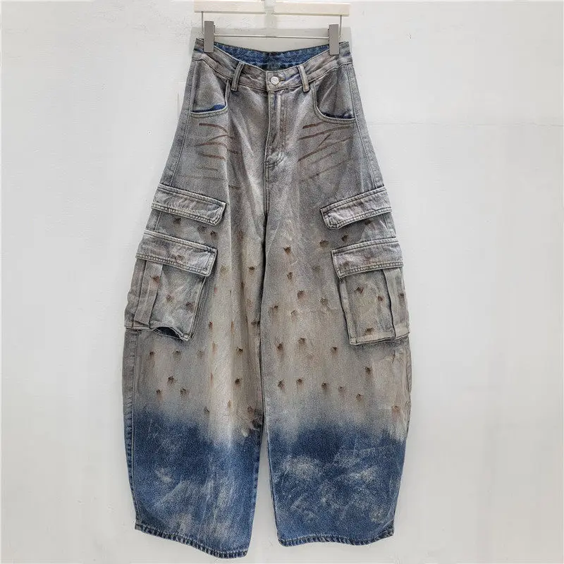 2026 New American Retro Washed Worn Jeans Women's Loose Straight Wide Leg Mop Trousers Children