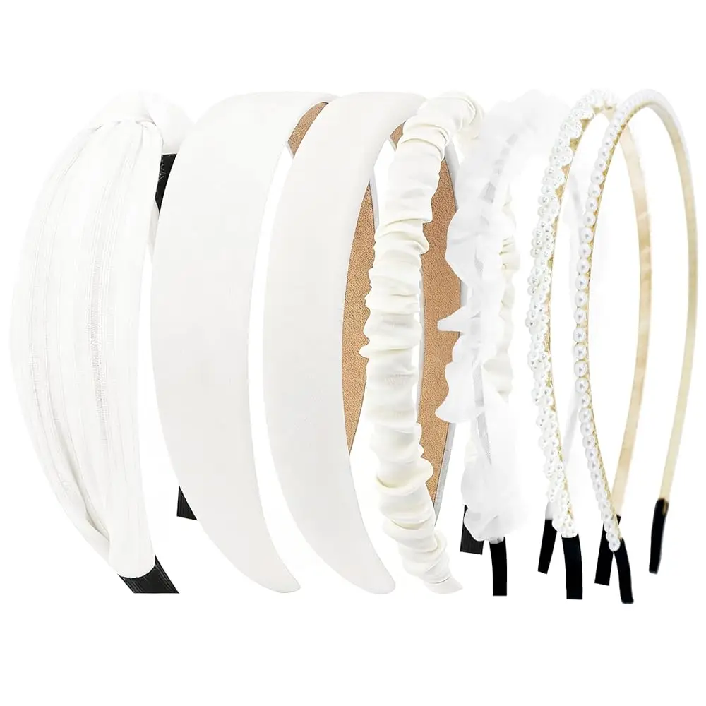 

7 Pcs All White Headbands for Women Knotted Ruffled Pearl Styles Wide Thin Non Slip Hair Bands for Thick Thin Short Hair Wint