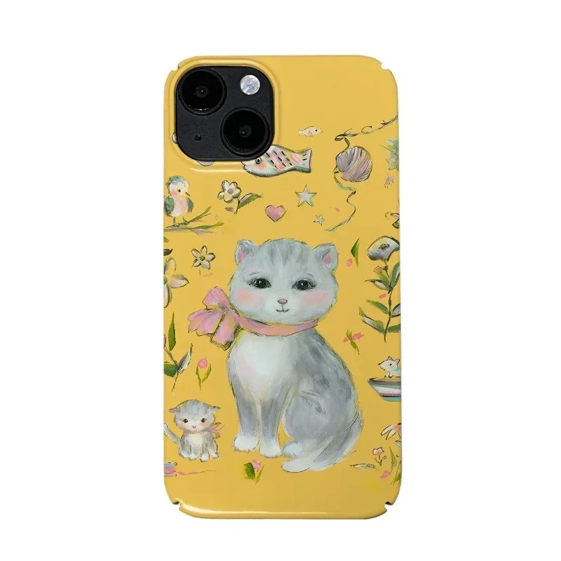 

Ins Korean Yellow Shy Cat Case for IPhone 16 15 14 13 Pro Max 12 13 Mini 11 Pro Plus Anti Drop X XS XR 7 8 Hard PC Acrylic Cover