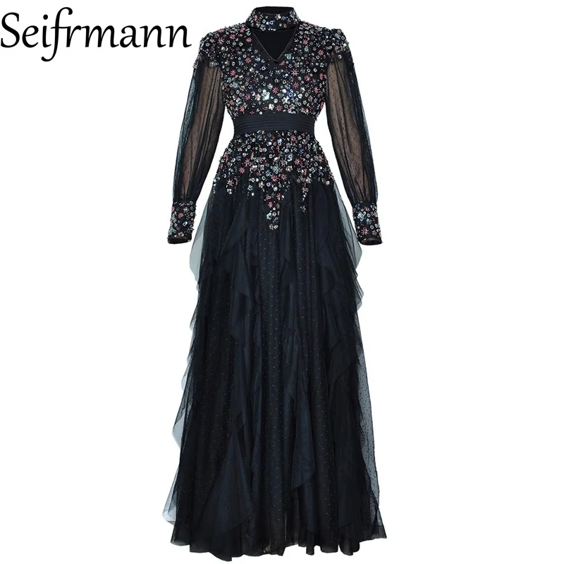 Seifrmann 2026 printemps femmes nouvelle mode col en v à manches longues clou perlé taille cintrée à volants bord robe