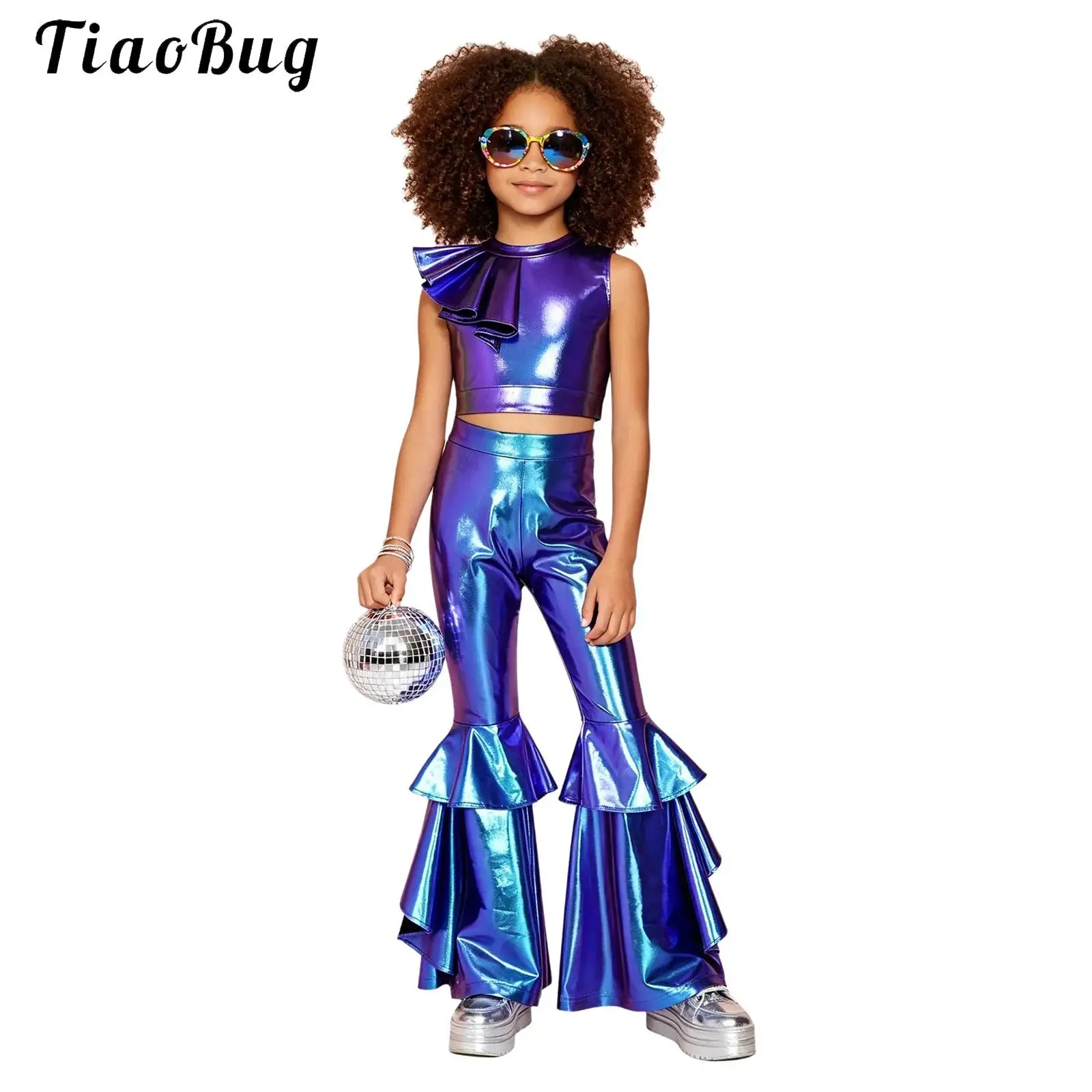 Girls Metallic 70S Disco Hippe Costume Kids Sleeveless Shiny Crop Top And Ruffle Flared Pants Cowgirl Jazz Dance Performance Set