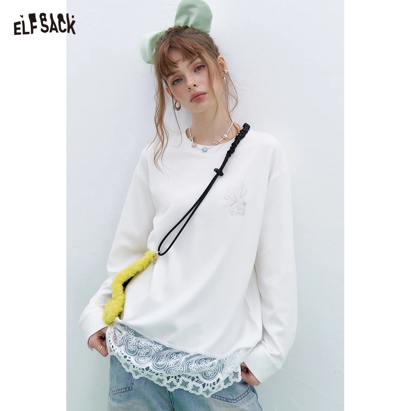 ELFSACK 2025 Spring New Arrivals Lucky Goldfish Sequin Embroidery Lace Stitching T-shirt Basic Casual Round Neck Long Sleeve Kor