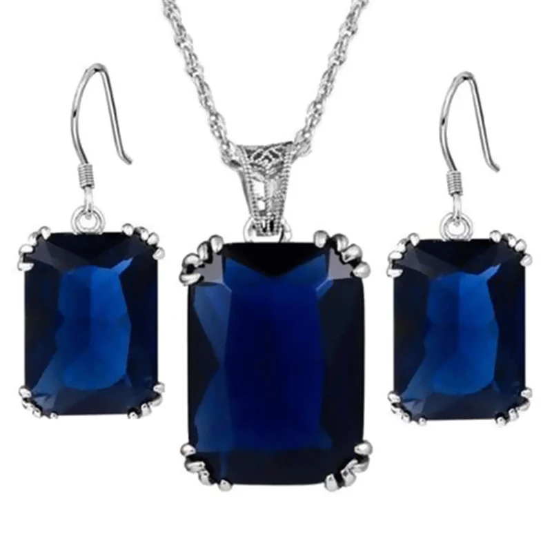 Vintage Silver Color Big Square Zircon Crystal Stones Pendant Necklace Earrings Bridal Jewelry Set for Women Party Accessory