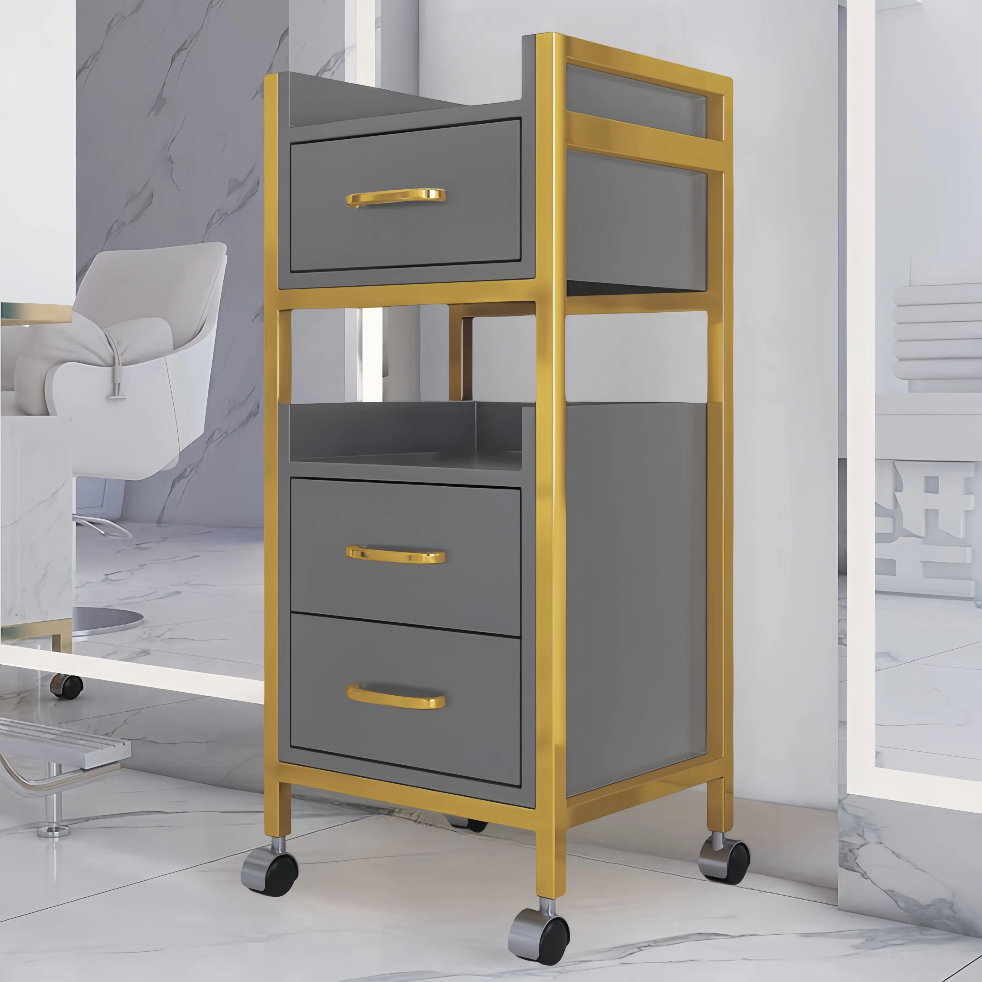 Multifunctional Salon Trolley, Metal Wooden Cabinet, Barber Shop Furniture, Haircut Storage, Drawer Organizer