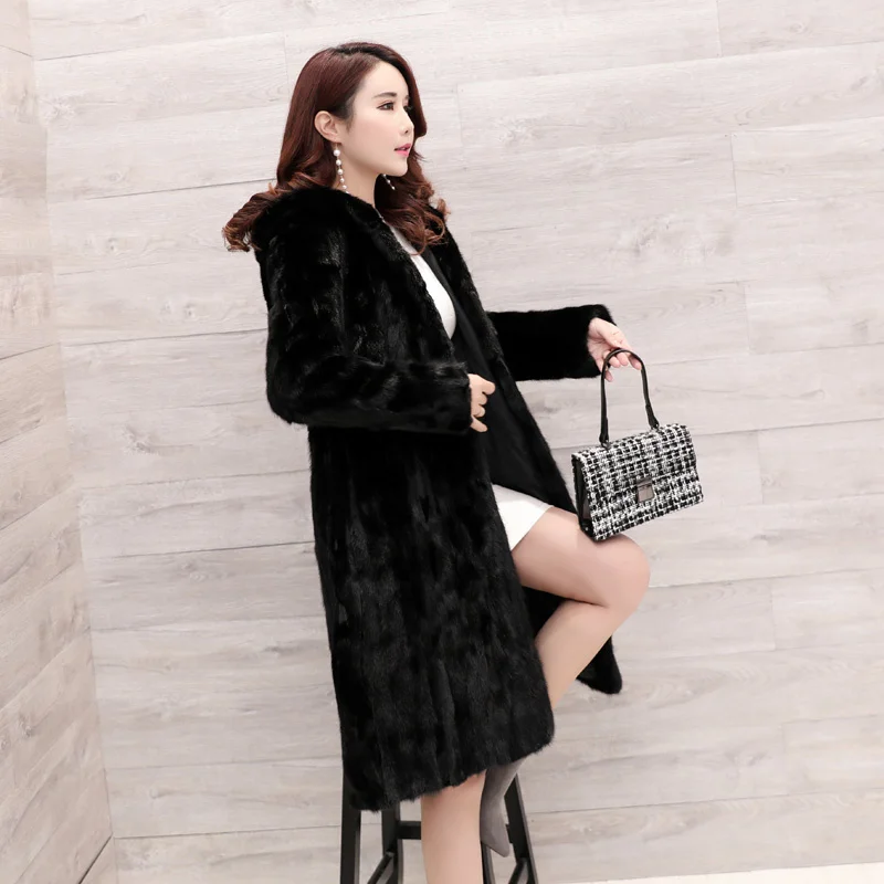 fur Natural Real Pieces mink coat female mink fur long overcoat hooded