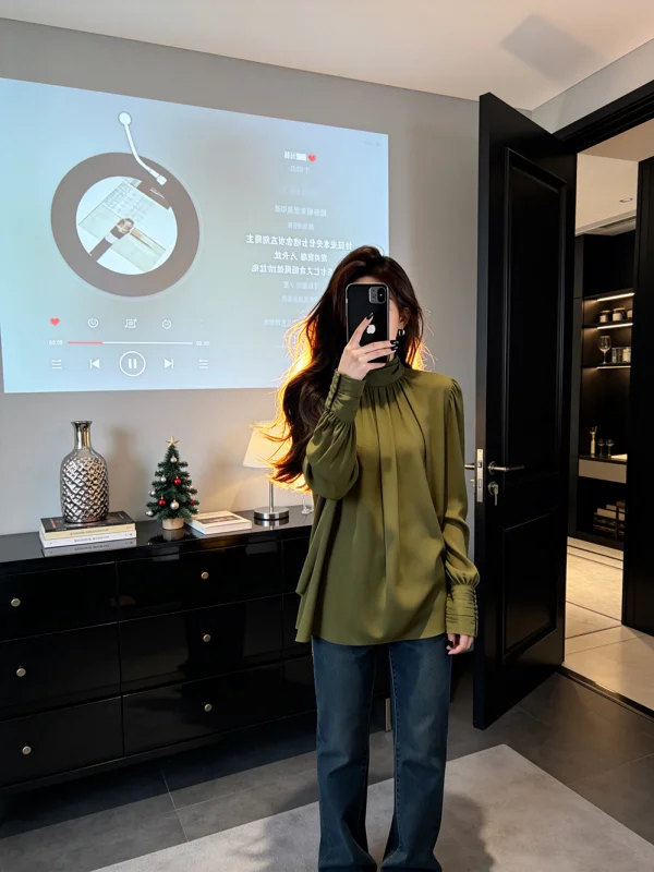 

Уникальная женская футболка с высоким воротником и длинными рукавами в корейском стиле, весенняя новинка, повседневный свободный крой, топ с эффектом похудения