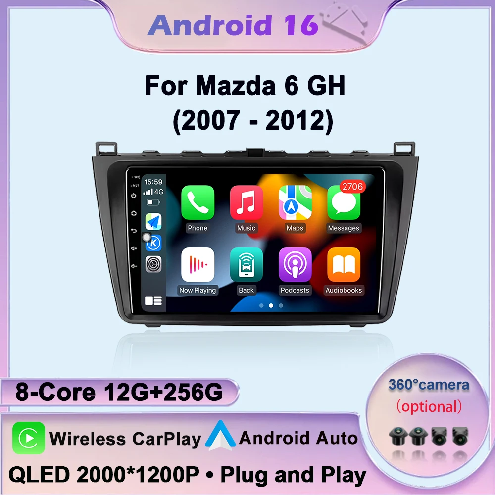 Android 16 Wireless CarPlay For Mazda 6 GH 2007-2012 Car Radio Lntelligent Multimedia Player Auto WIFI 4G DSP GPS