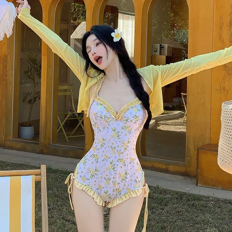 Kawaii Floral Print One-piece Swimsuit Women's Sexy Backless Off-shoulder Tummy Control Bathing Suit Cute Holiday Beach Swimwear