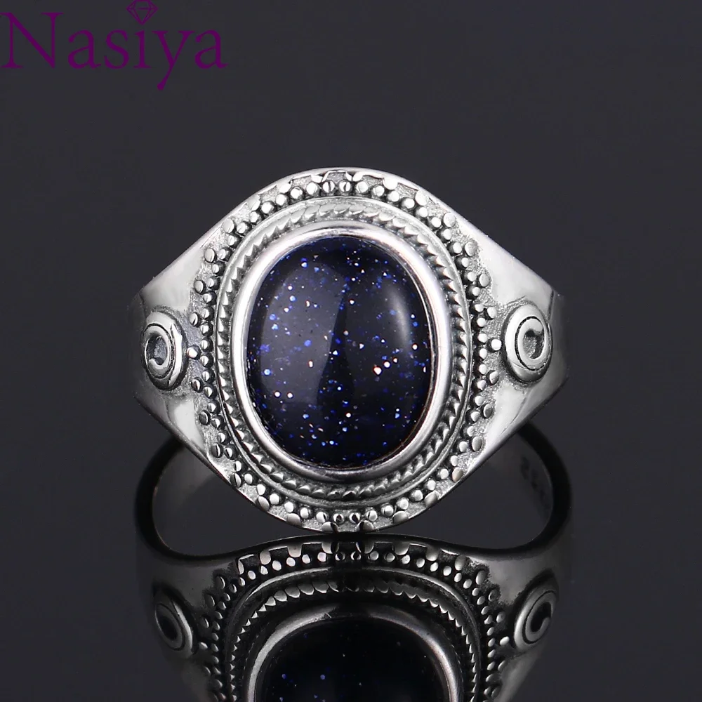 

Luxury Big Blue Sandstone S925 Silver Vintage Ring For Women Jewelry Party Anniversary Wedding Gift